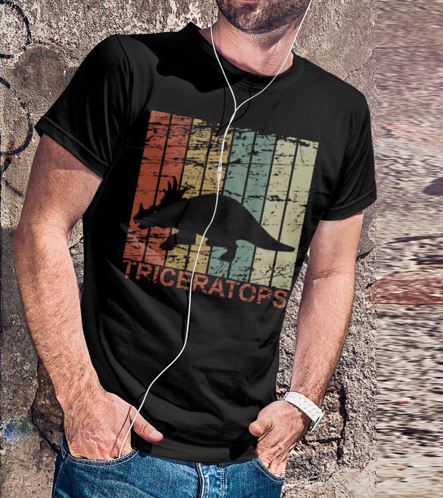 Triceratops Dinosaur Prehistoric Vintage Silhouette Stripes T-Shirt