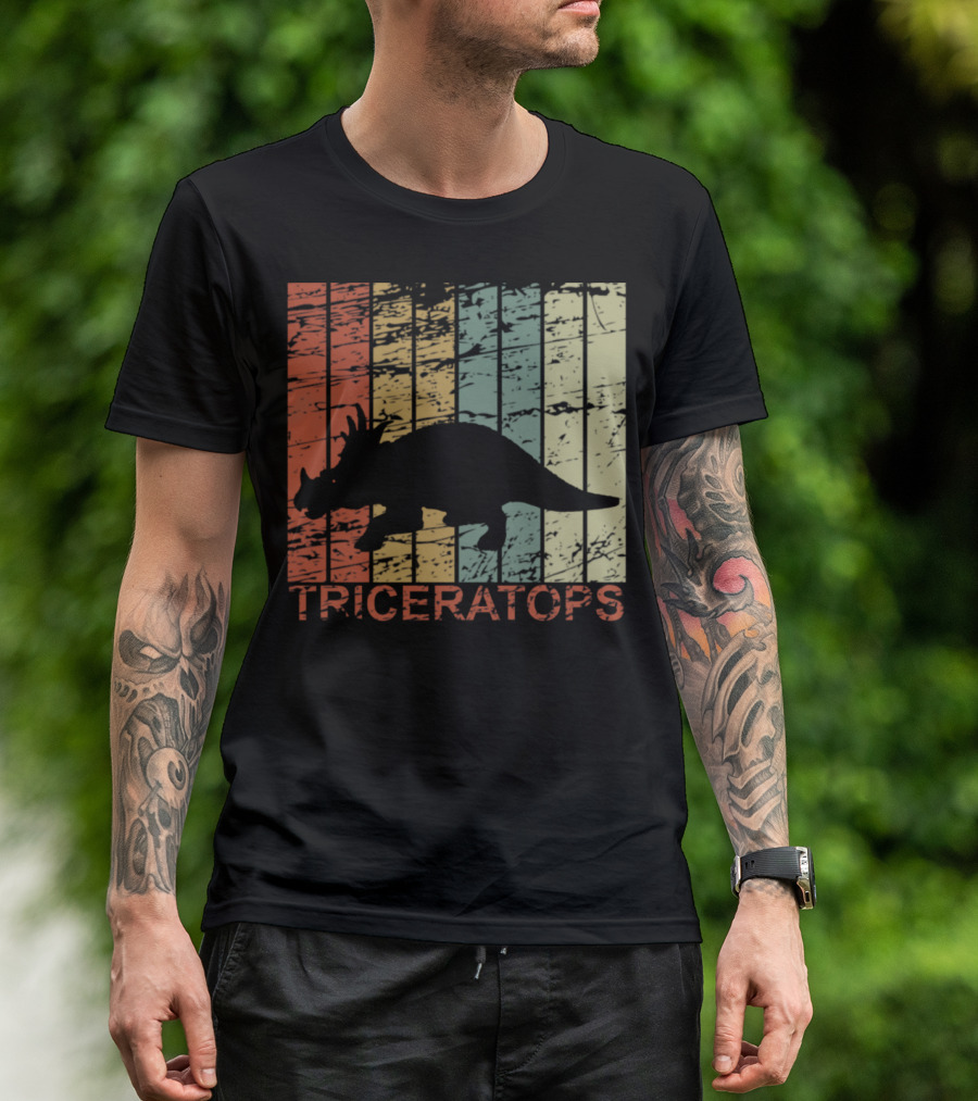 Triceratops Dinosaur Prehistoric Vintage Silhouette Stripes T-Shirt