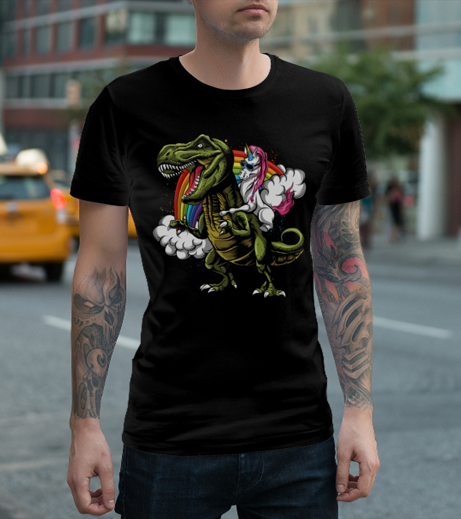 Unicorn Riding T-Rex with Rainbow and Clouds T-Shirt