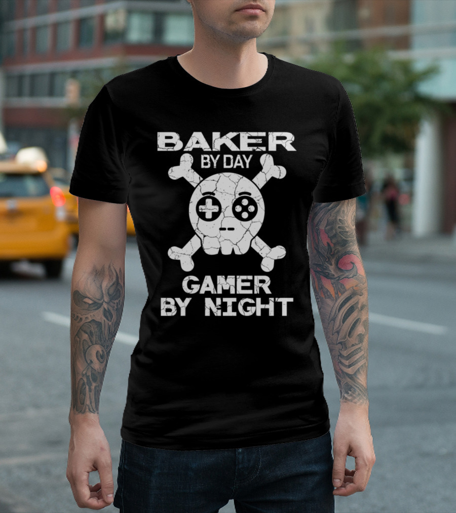 Baker By Day Gamer By Night Skull Crossbones Controller T-Shirt