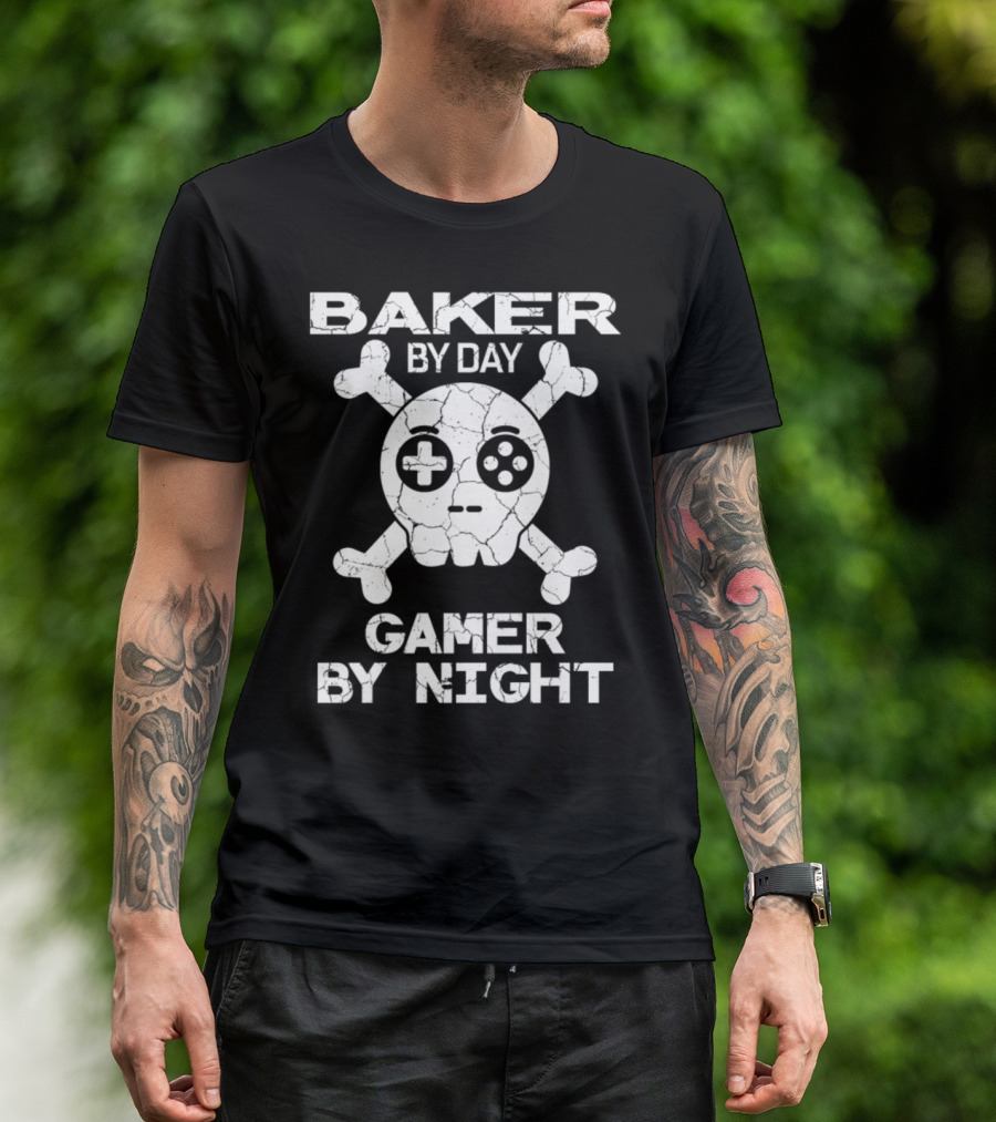 Baker By Day Gamer By Night Skull Crossbones Controller T-Shirt