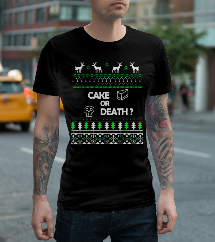 CAKE OR DEATH Christmas Sweater Style Reindeer and Skulls T-Shirt