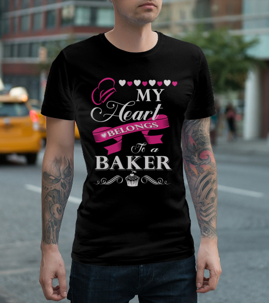 My Heart Belongs To A Baker Cupcake Love with Chef Hat and Pink T-Shirt