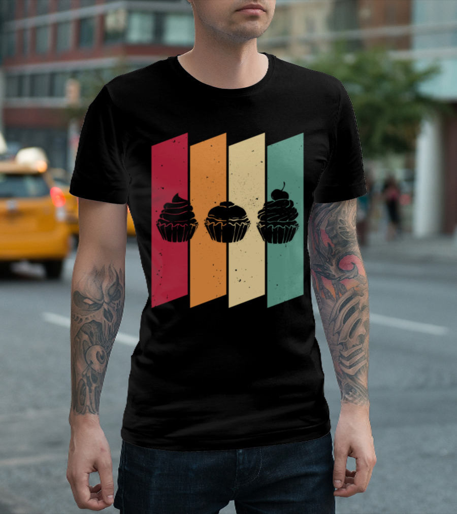 Cupcake Muffin Cake Baker Retro Colorful Stripes T-Shirt