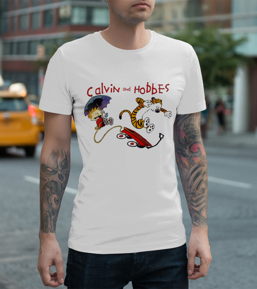 Calvin and Hobbes Adventure with Red Wagon and Umbrella T-Shirt