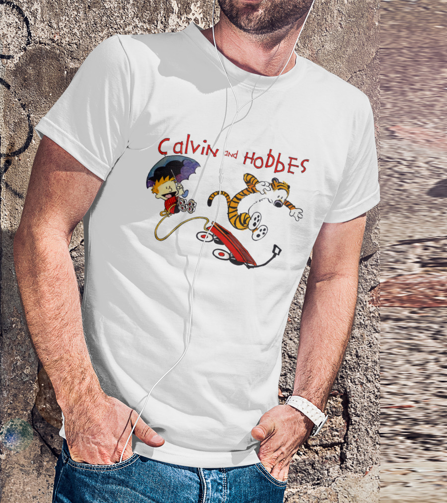 Calvin And Hobbes Adventure With Red Wagon And Umbrella T-Shirt