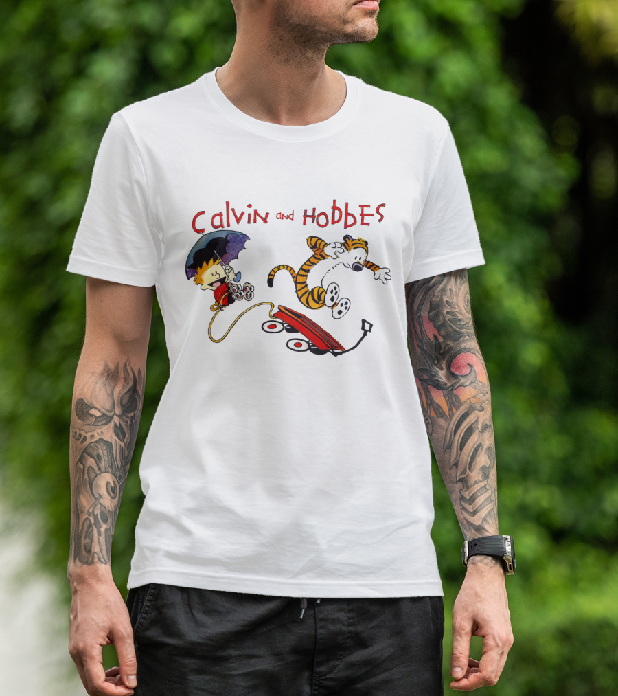 Calvin And Hobbes Adventure With Red Wagon And Umbrella T-Shirt
