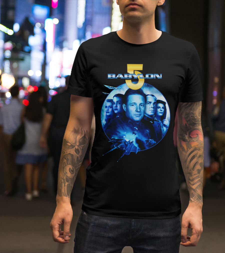 Babylon 5 Science Fiction Series Characters And Spaceship T-Shirt