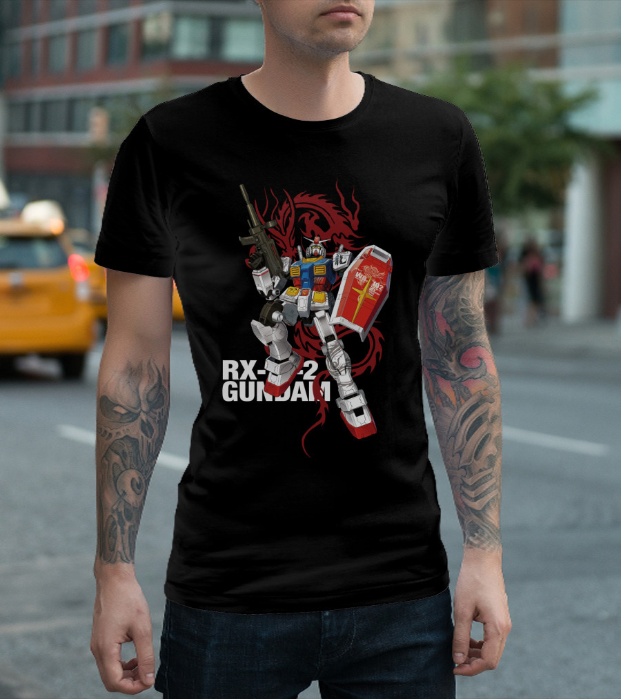 RX 78 2 Gundam Mobile Suit with Red Dragon Background T-Shirt