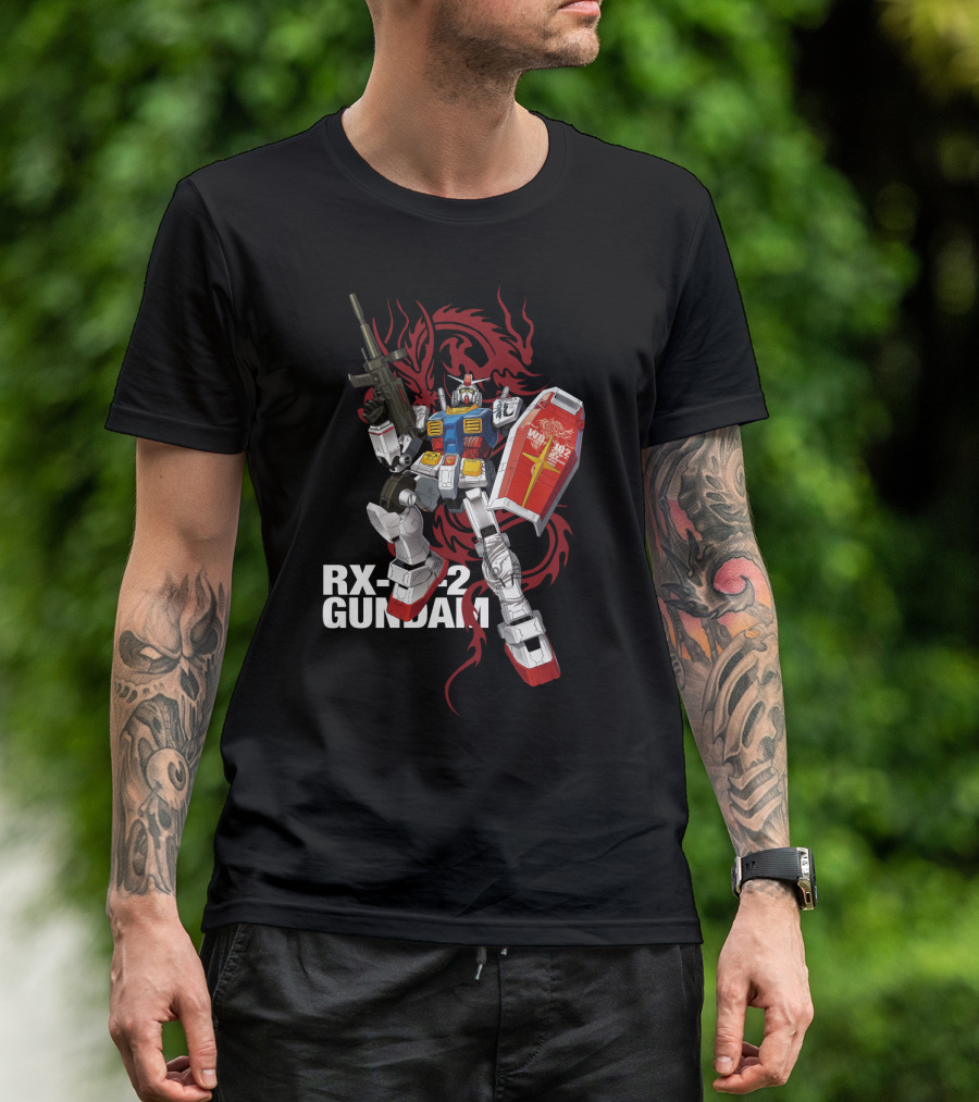 RX 78 2 Gundam Mobile Suit With Red Dragon Background T-Shirt