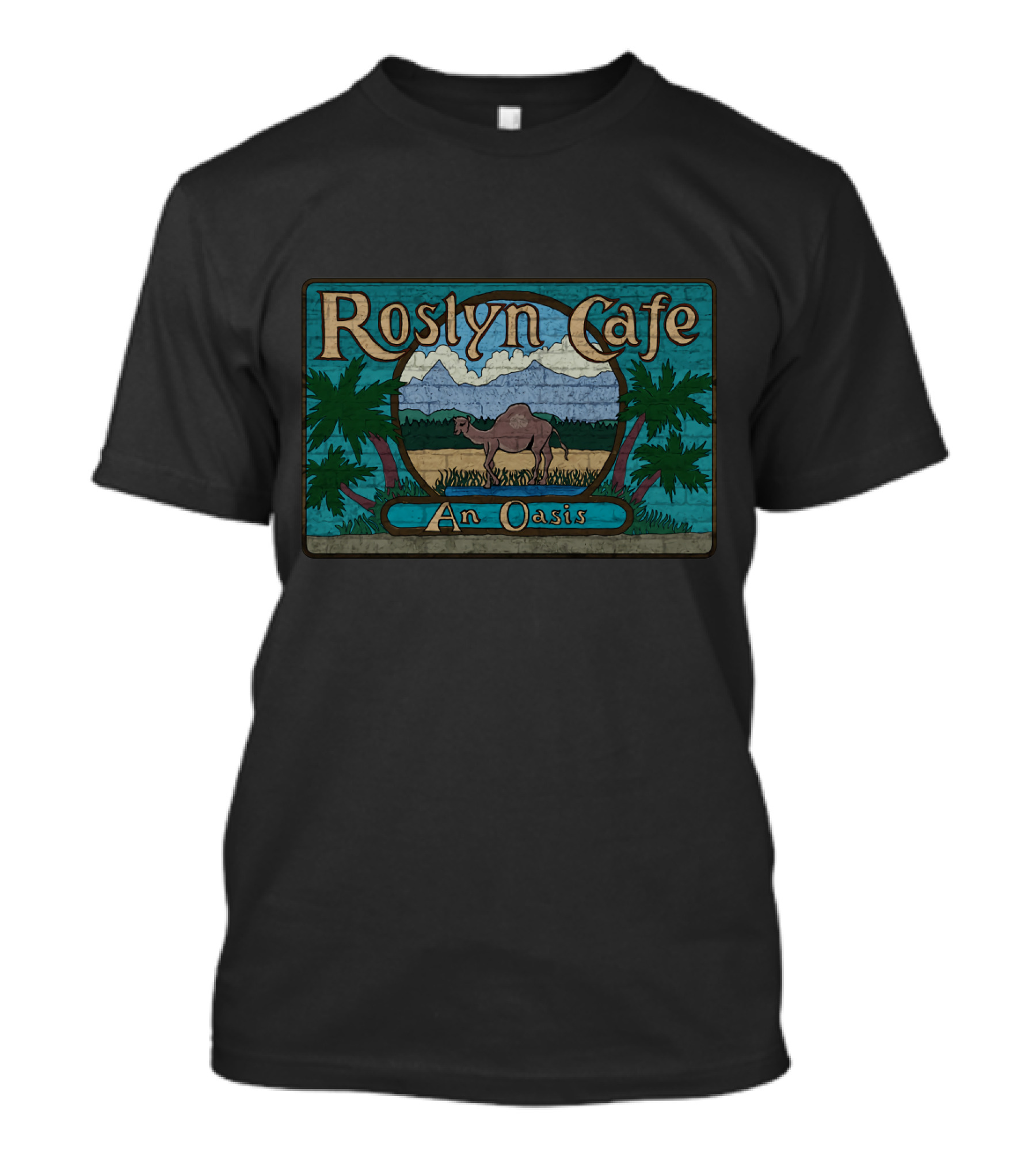 Roslyn Cafe An Oasis Camel Desert Scene Palms T-Shirt