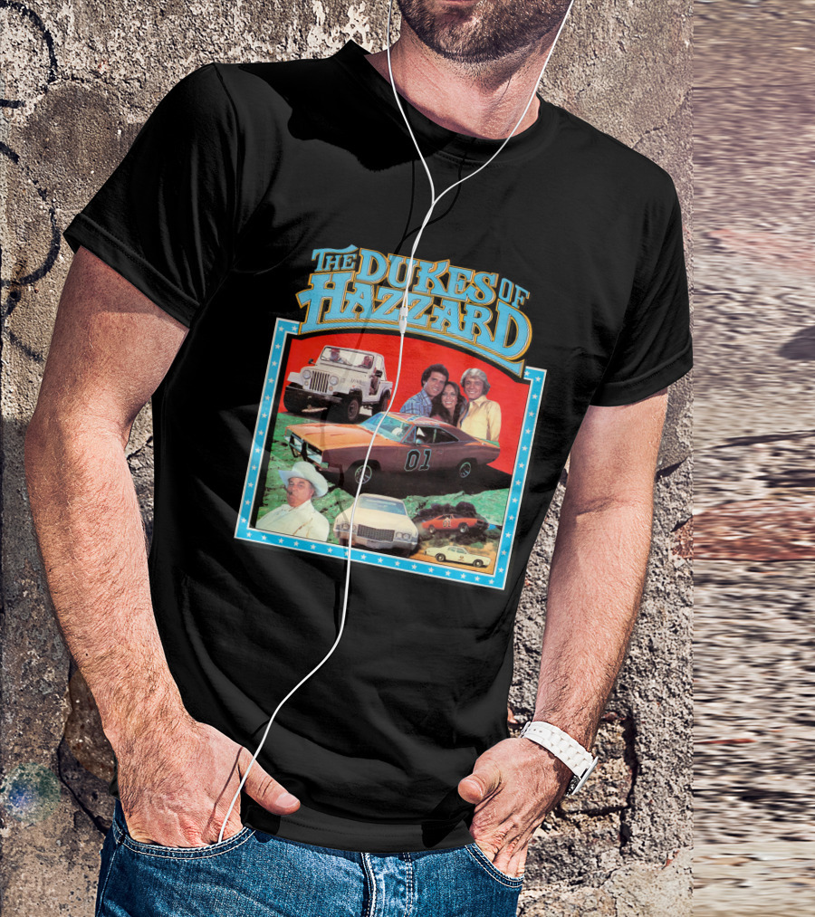 The Dukes Of Hazzard 01 Car And Characters With Jeep And Cowboy Hat T-Shirt