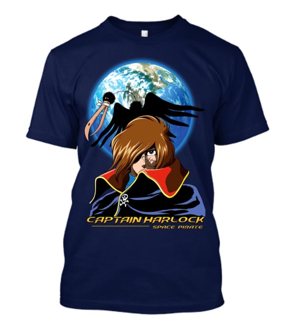 Captain Harlock Space Pirate Anime Icon With Earth And Black Bird T-Shirt
