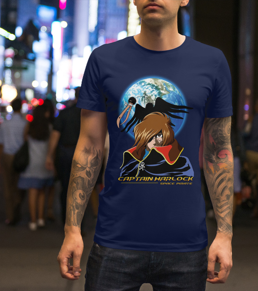 Captain Harlock Space Pirate Anime Icon With Earth And Black Bird T-Shirt