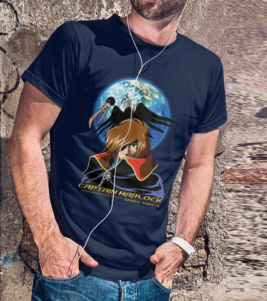 Captain Harlock Space Pirate Anime Icon With Earth And Black Bird T-Shirt