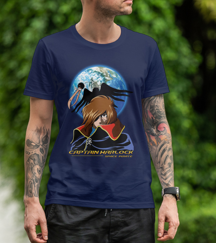 Captain Harlock Space Pirate Anime Icon With Earth And Black Bird T-Shirt