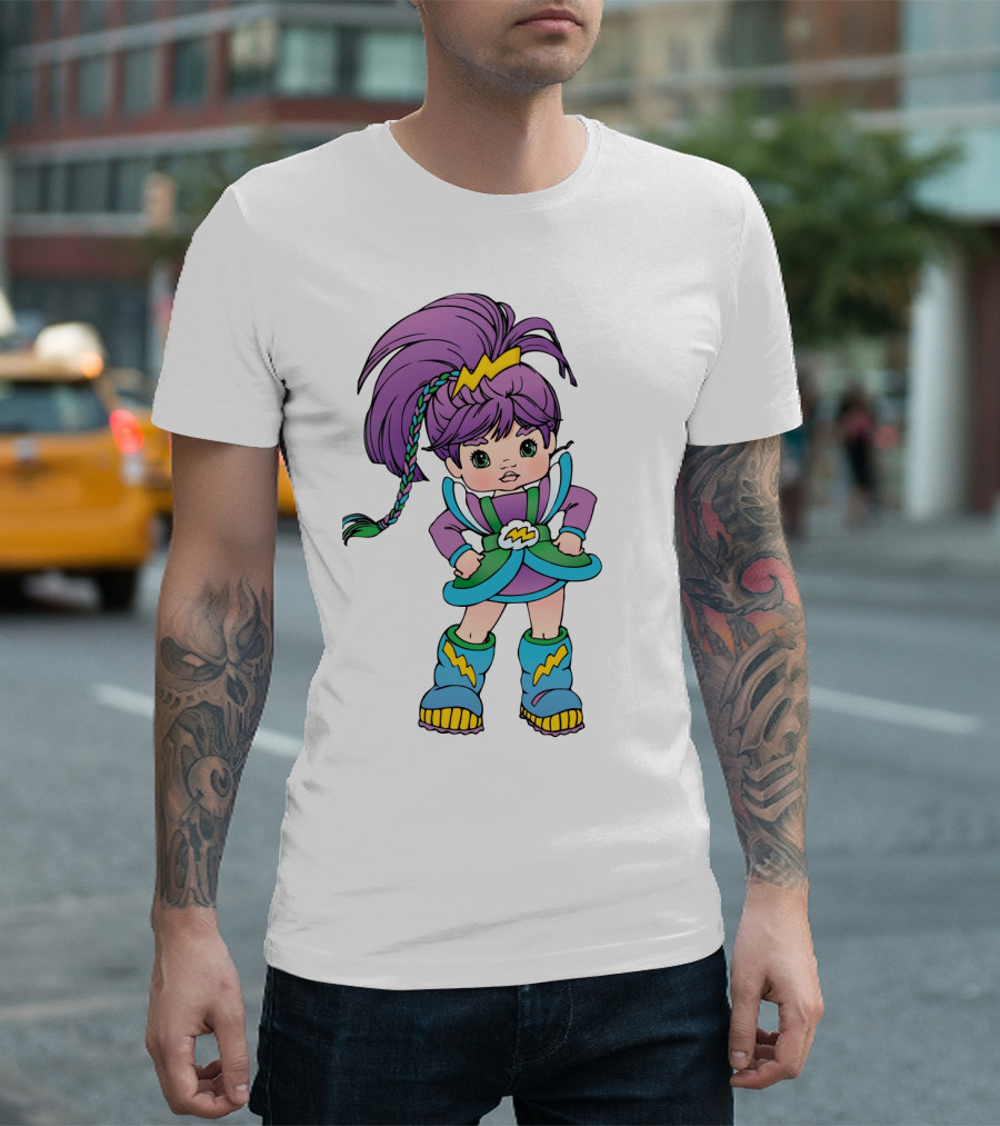 Rainbow Brite Stormy Character with Purple Hair and Lightning Bolt T-Shirt