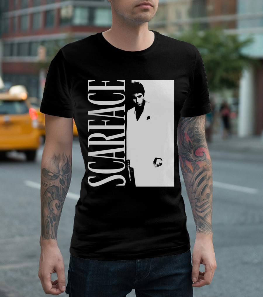 Scarface White Suit Black Background Iconic Movie Image T-Shirt