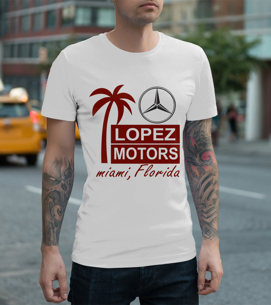 Lopez Motors Miami Florida Scarface Palm Tree Mercedes Benz Star T-Shirt