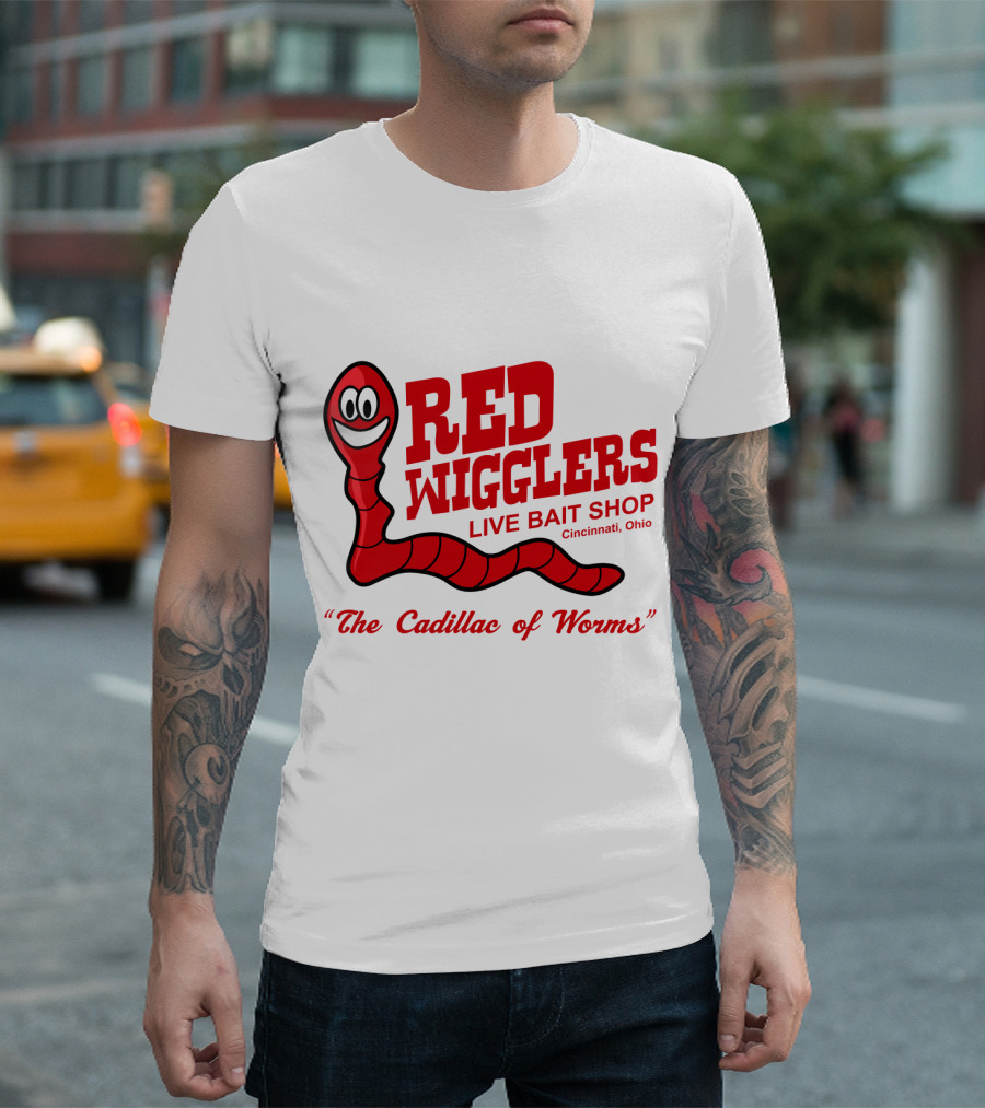 WKRP in Cincinnati Red Wigglers Live Bait Shop The Cadillac of Worms T-Shirt