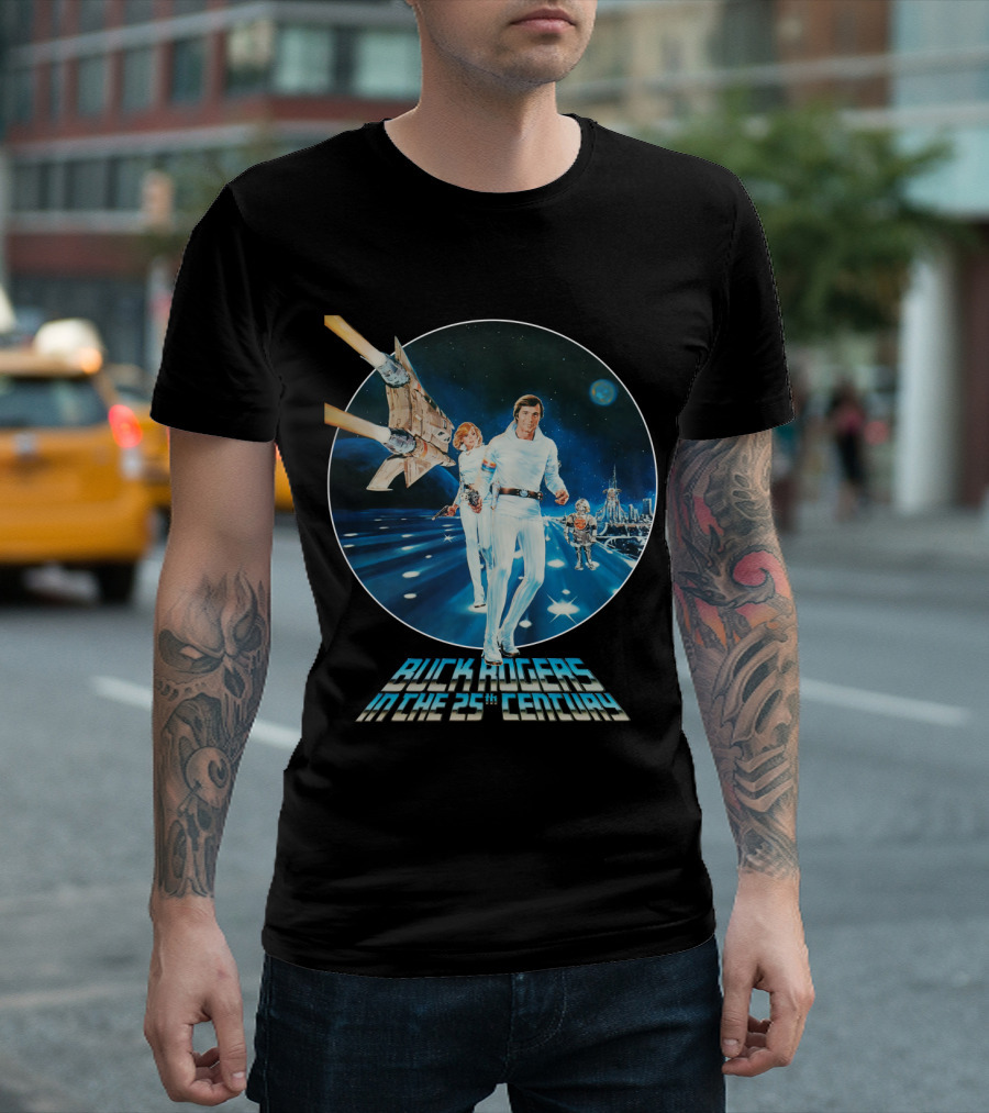 Buck Rogers in the 25th Century Space Adventure Crew and Starship on Futuristic Landscape T-Shirt