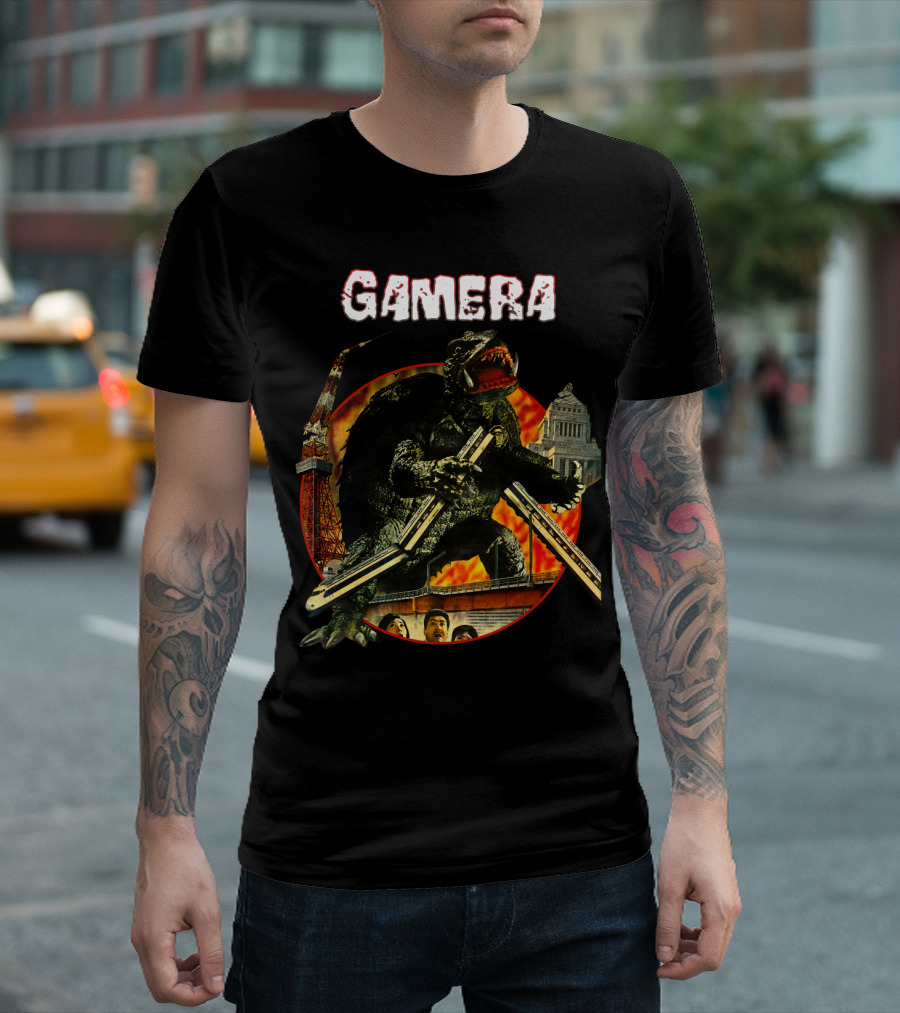 Gamera Monster Clash with Iconic Japanese Tower and Cityscape Scene T-Shirt