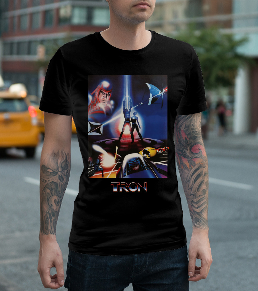 TRON Movie Artwork with Iconic Light Cycle and Disc Battle T-Shirt