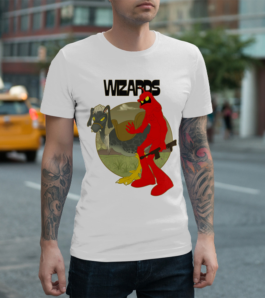 Wizards Animation Character with Red Humanoid and Armed Bird T-Shirt