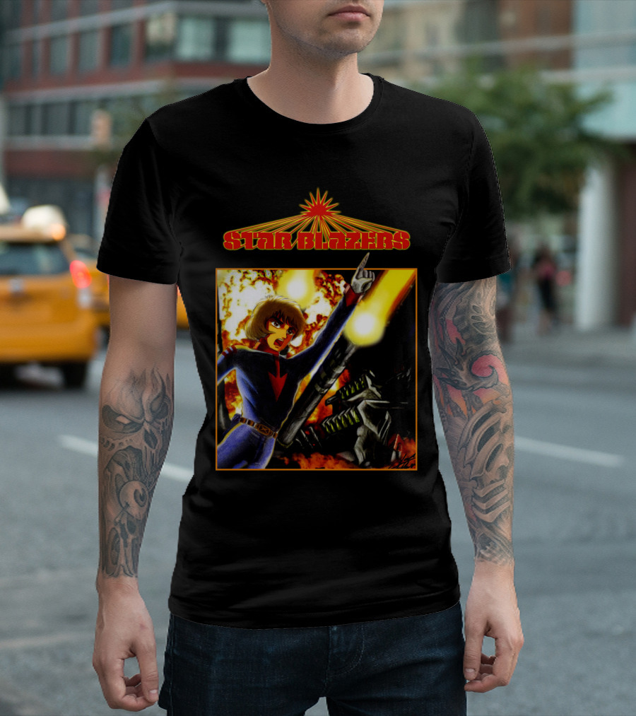 Star Blazers Anime Character in Action Scene with Explosions and Giant Mecha T-Shirt