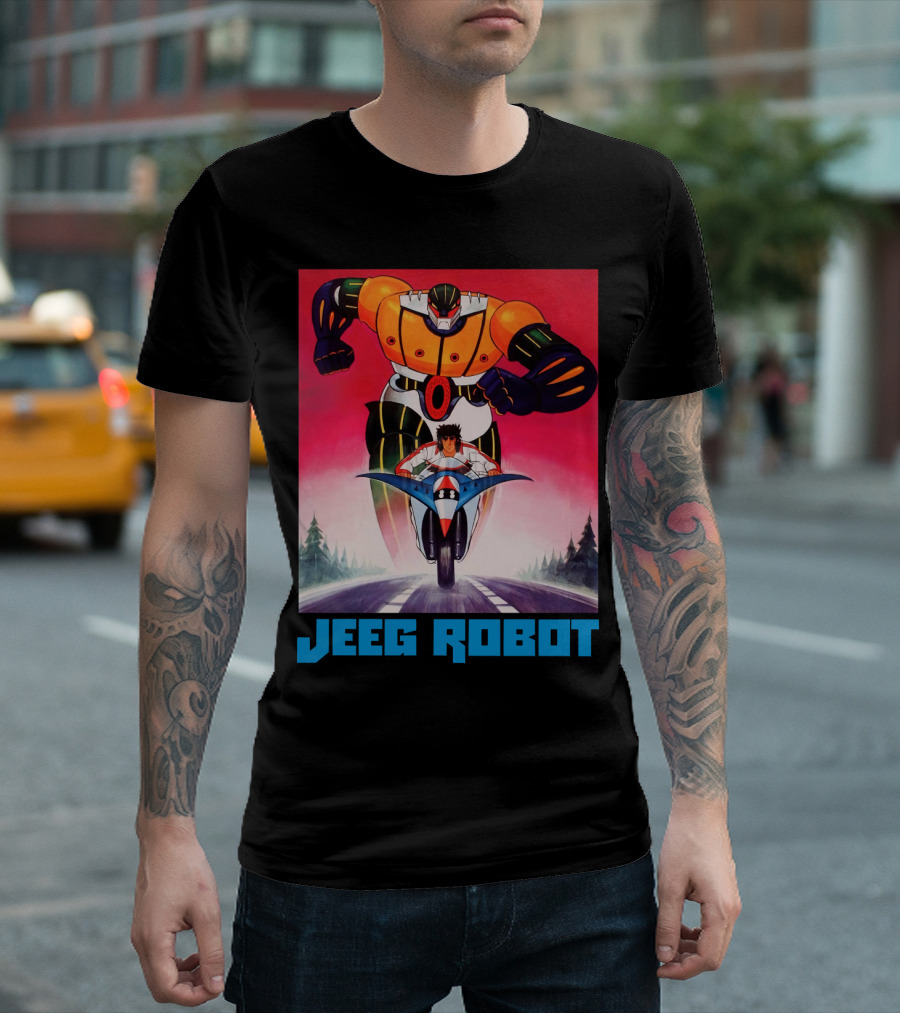 Jeeg Robot Anime Character with Motorcycle Racing T-Shirt