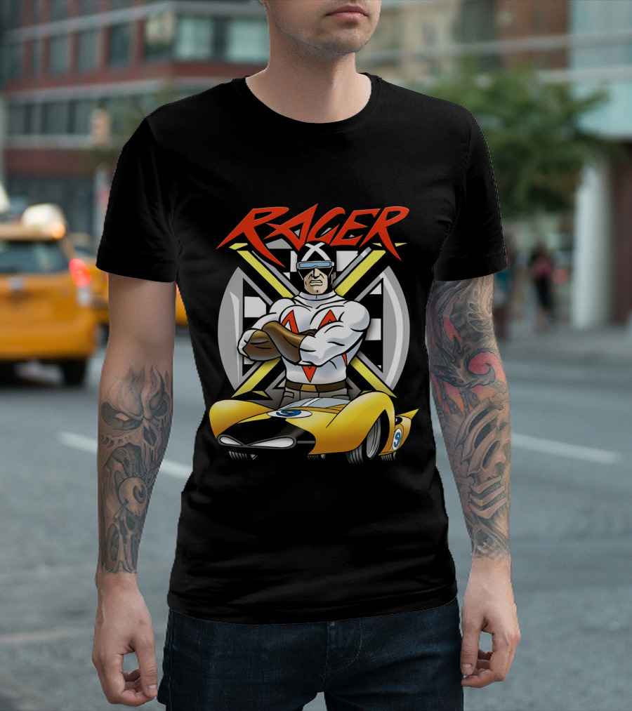 Racer Speed Racer Character with Yellow Car and Checkered Flag Background T-Shirt