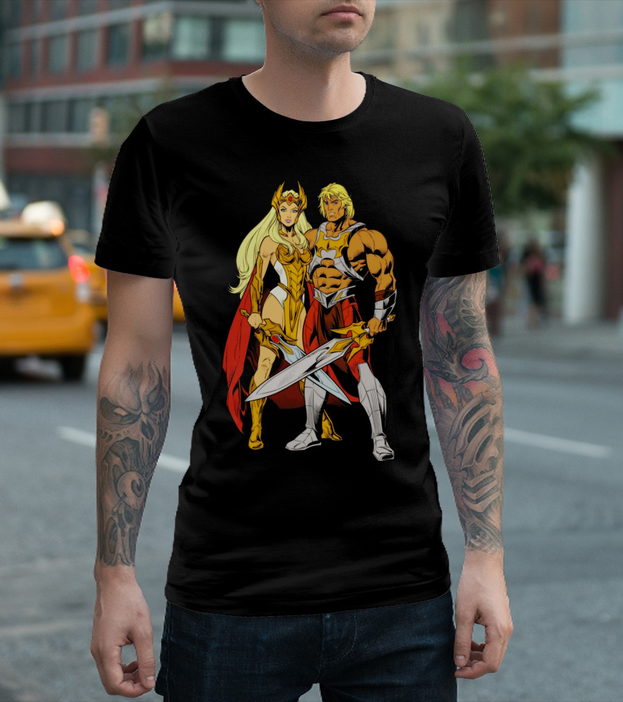 She Ra and He Man Classic Characters with Swords and Red Cape T-Shirt