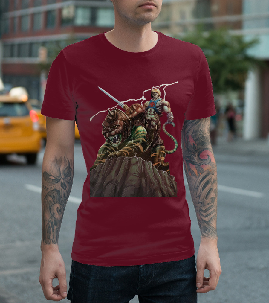 He Man Masters Of The Universe Sword And Battle Cat On Cliff With Lightning T-Shirt