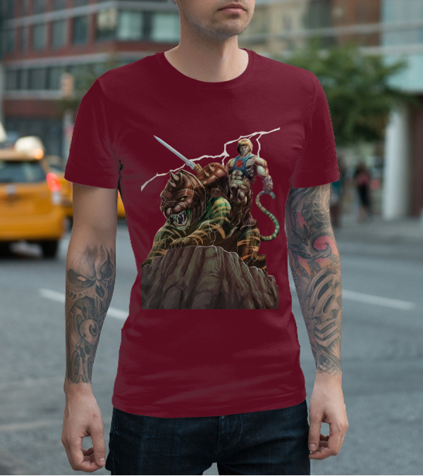He Man Masters Of The Universe Sword And Battle Cat On Cliff With Lightning T-Shirt
