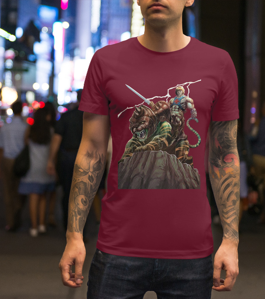 He Man Masters Of The Universe Sword And Battle Cat On Cliff With Lightning T-Shirt