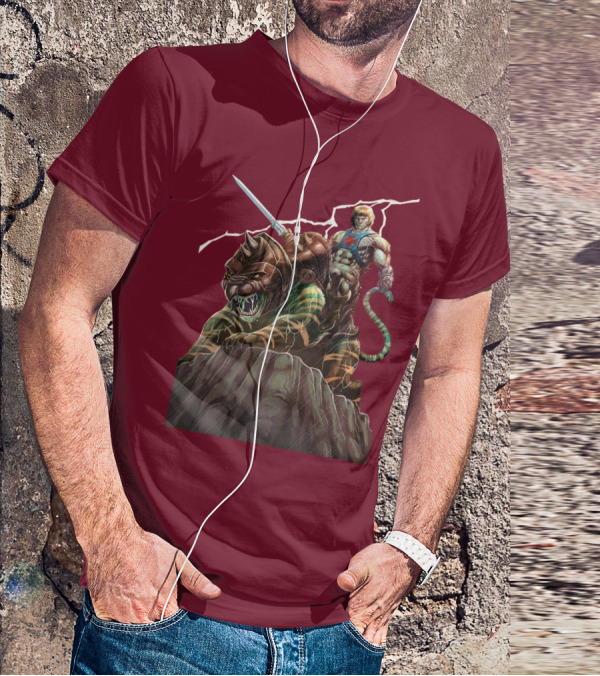 He Man Masters Of The Universe Sword And Battle Cat On Cliff With Lightning T-Shirt