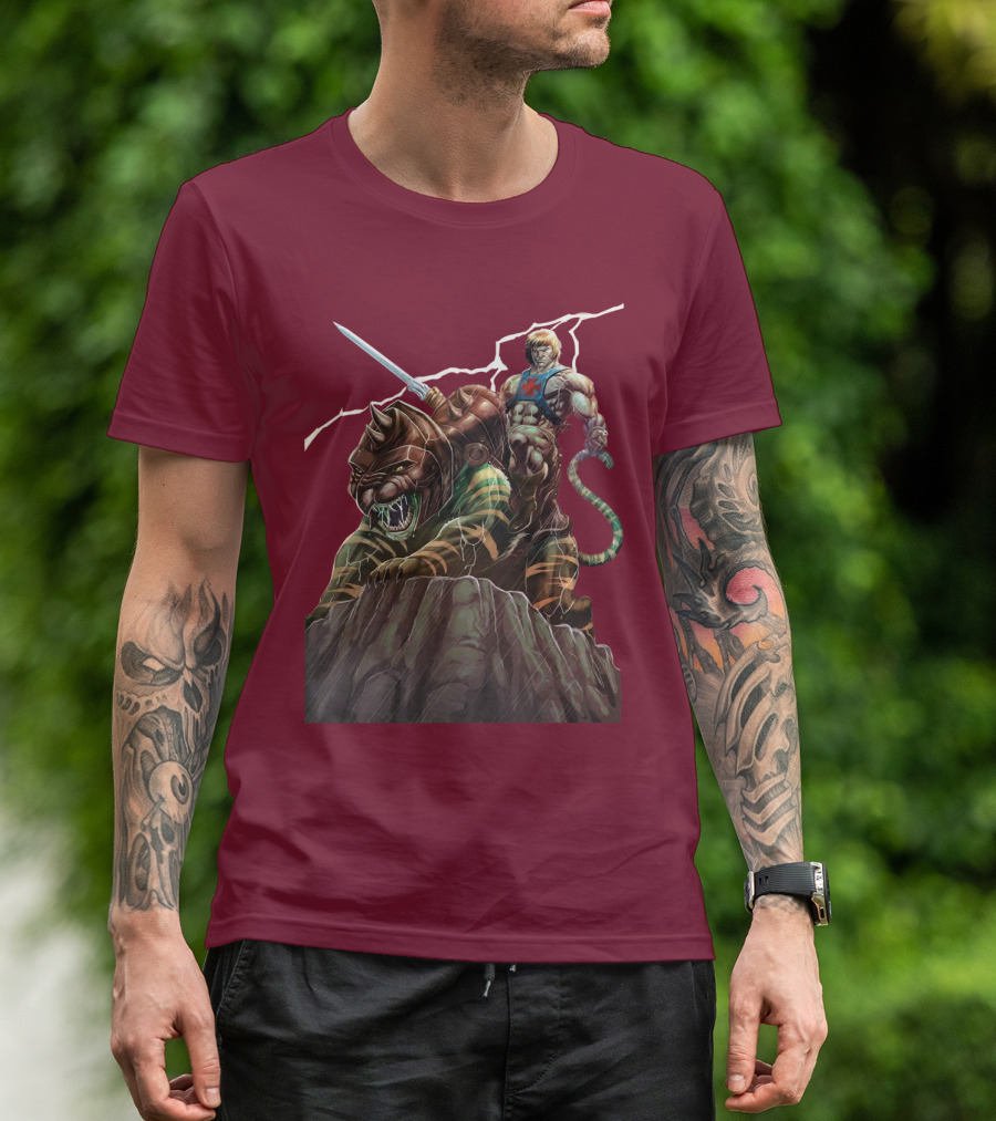 He Man Masters Of The Universe Sword And Battle Cat On Cliff With Lightning T-Shirt