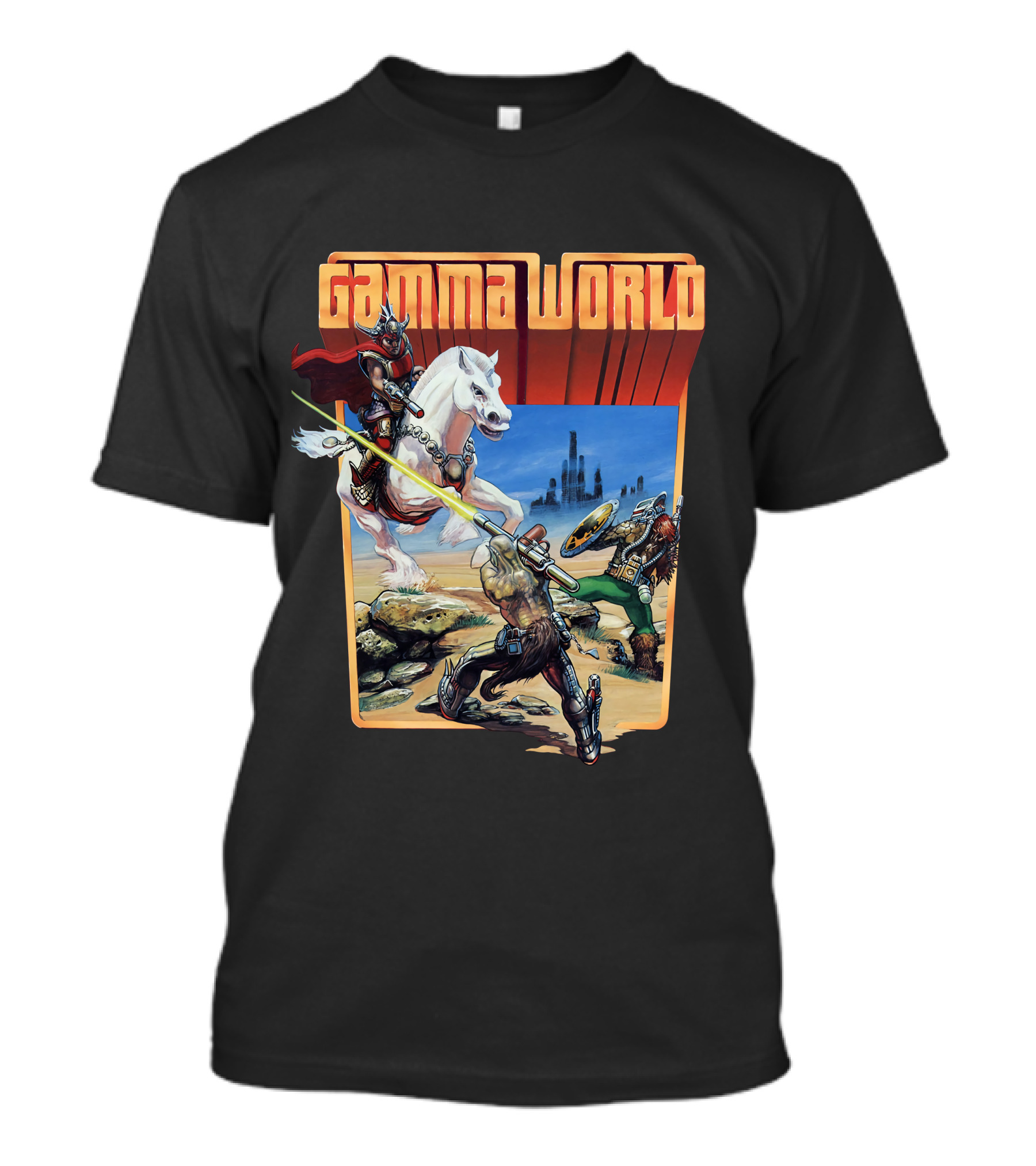 Gamma World Adventure Battle Scene With Futuristic Warriors And White Horse T-Shirt