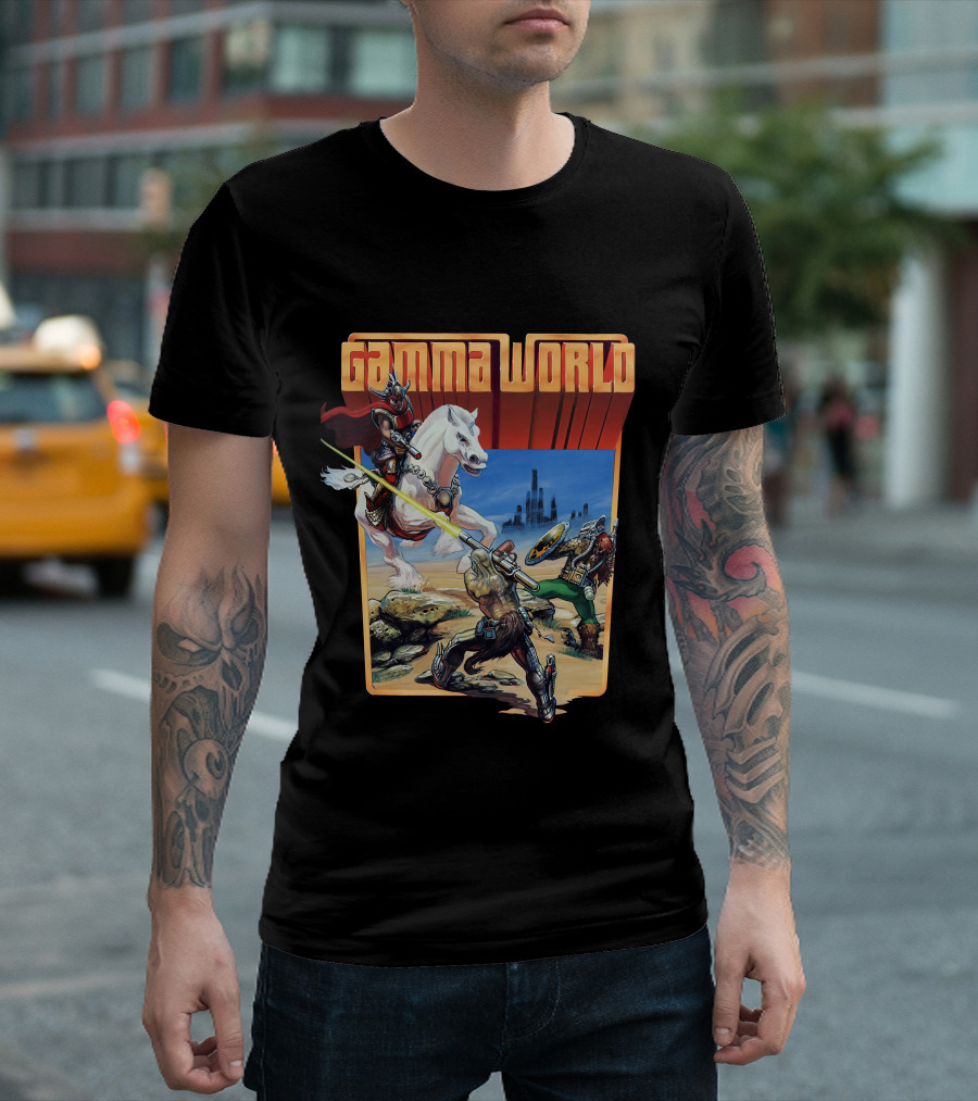 Gamma World Adventure Battle Scene with Futuristic Warriors and White Horse T-Shirt