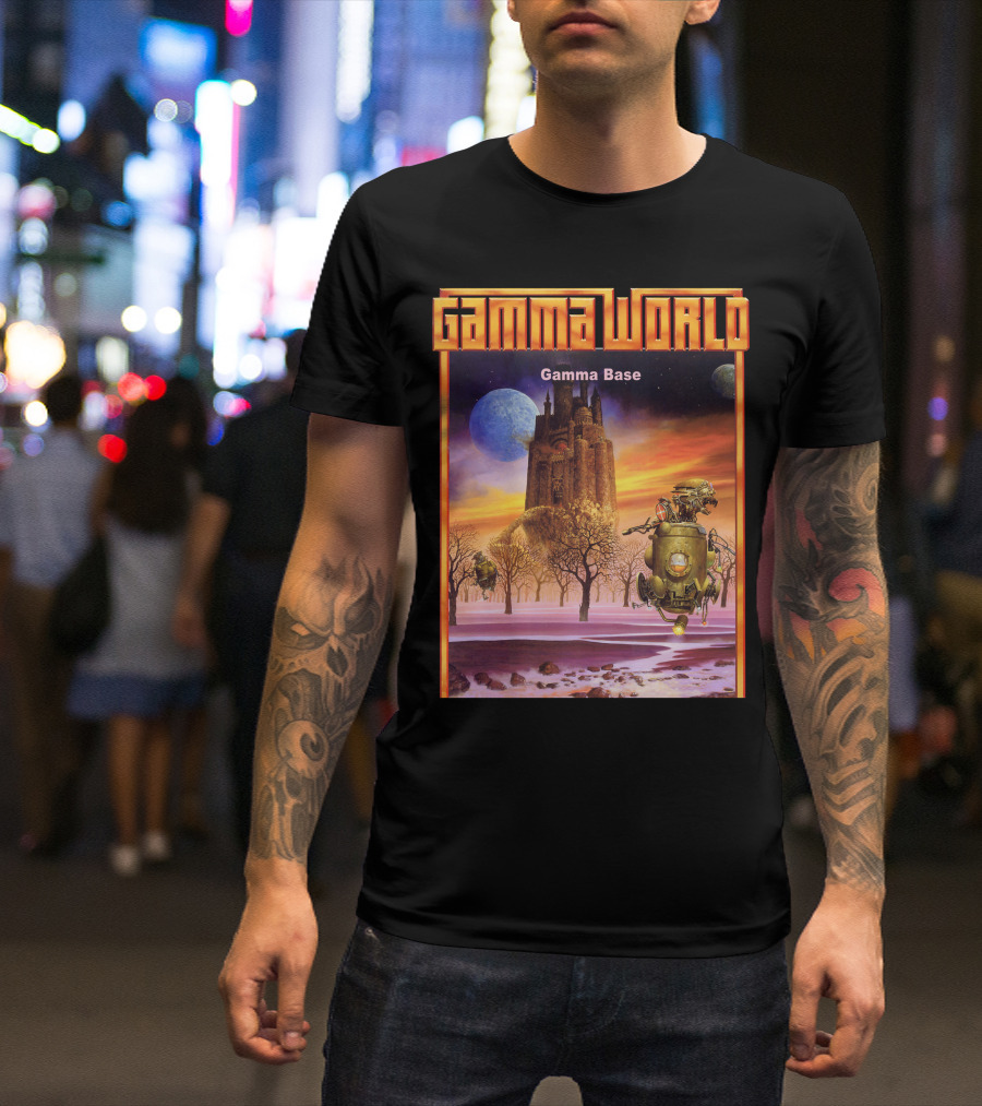 Gamma World Gamma Base Futuristic Castle With Robot On Alien Landscape T-Shirt