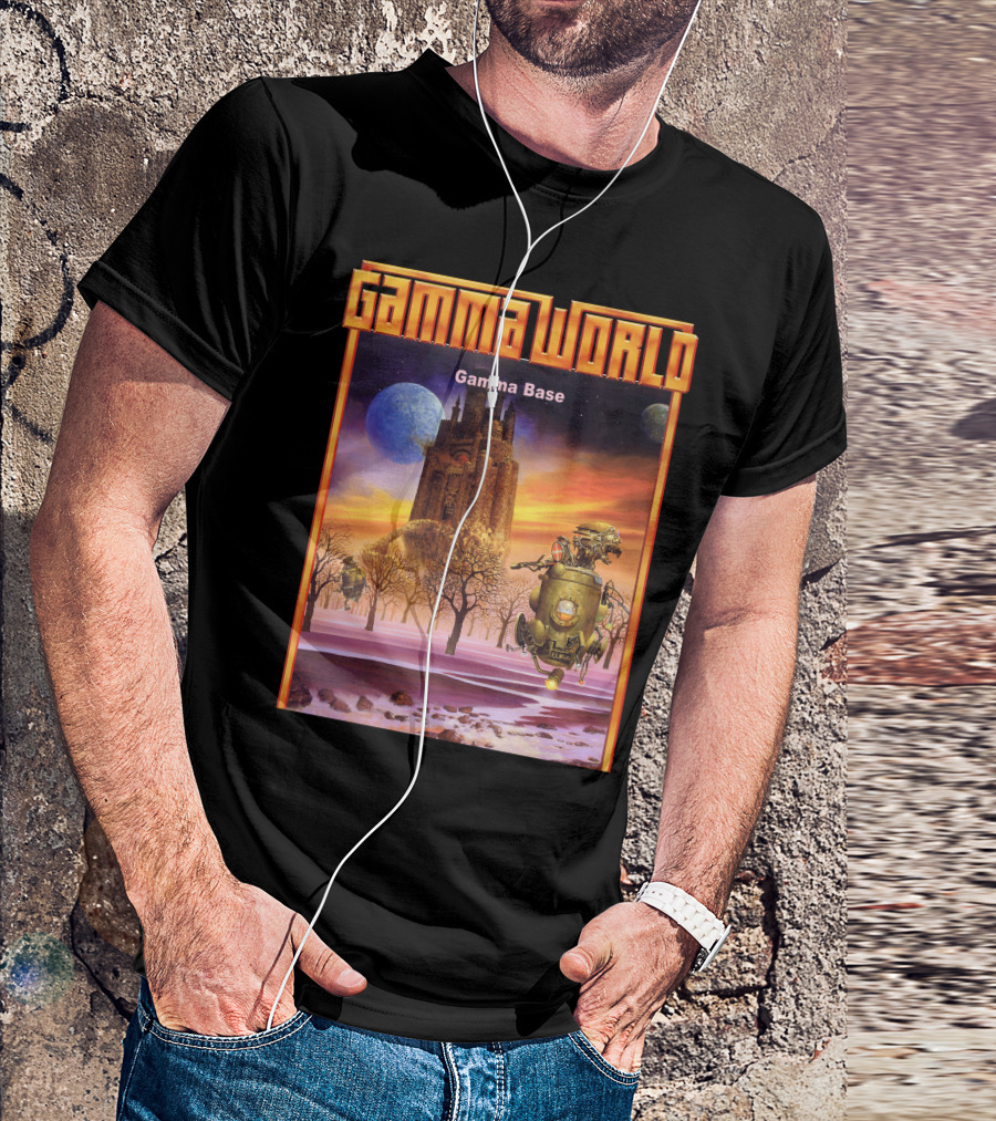 Gamma World Gamma Base Futuristic Castle With Robot On Alien Landscape T-Shirt