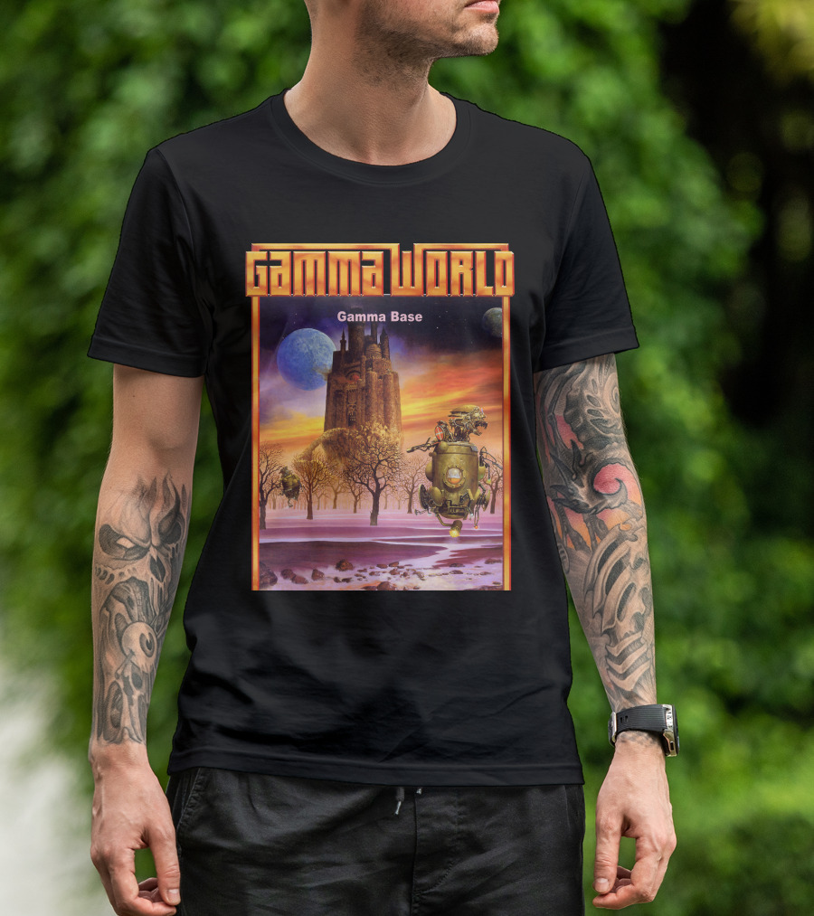 Gamma World Gamma Base Futuristic Castle With Robot On Alien Landscape T-Shirt