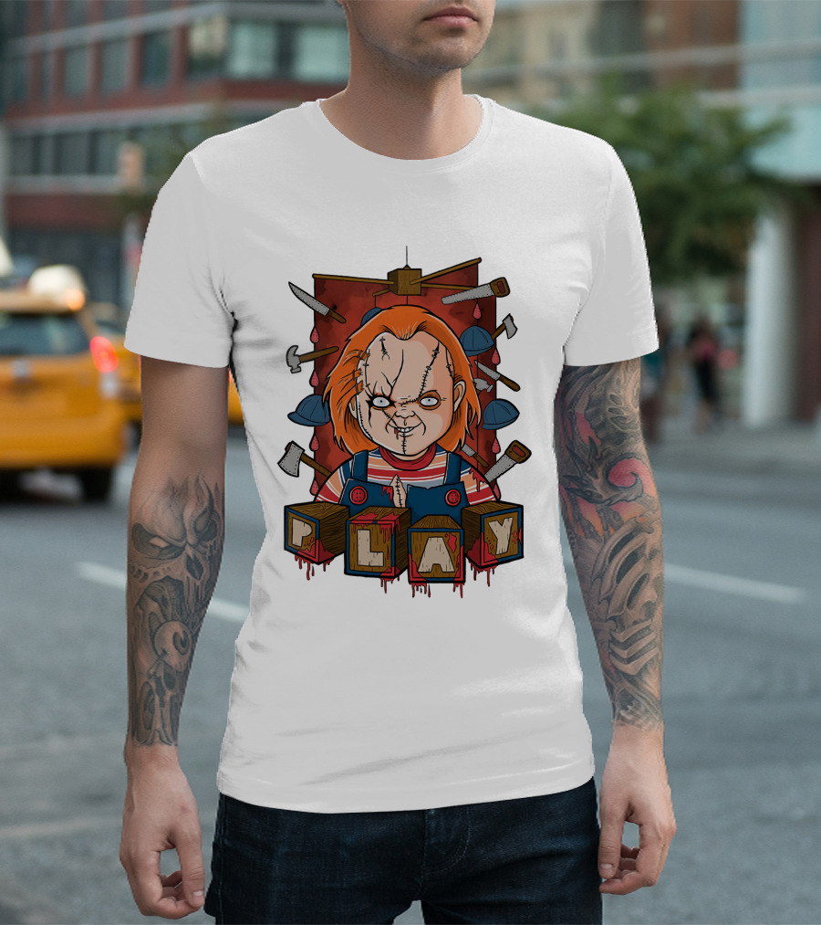 Chucky Blocks With Knives And Axes Background T-Shirt