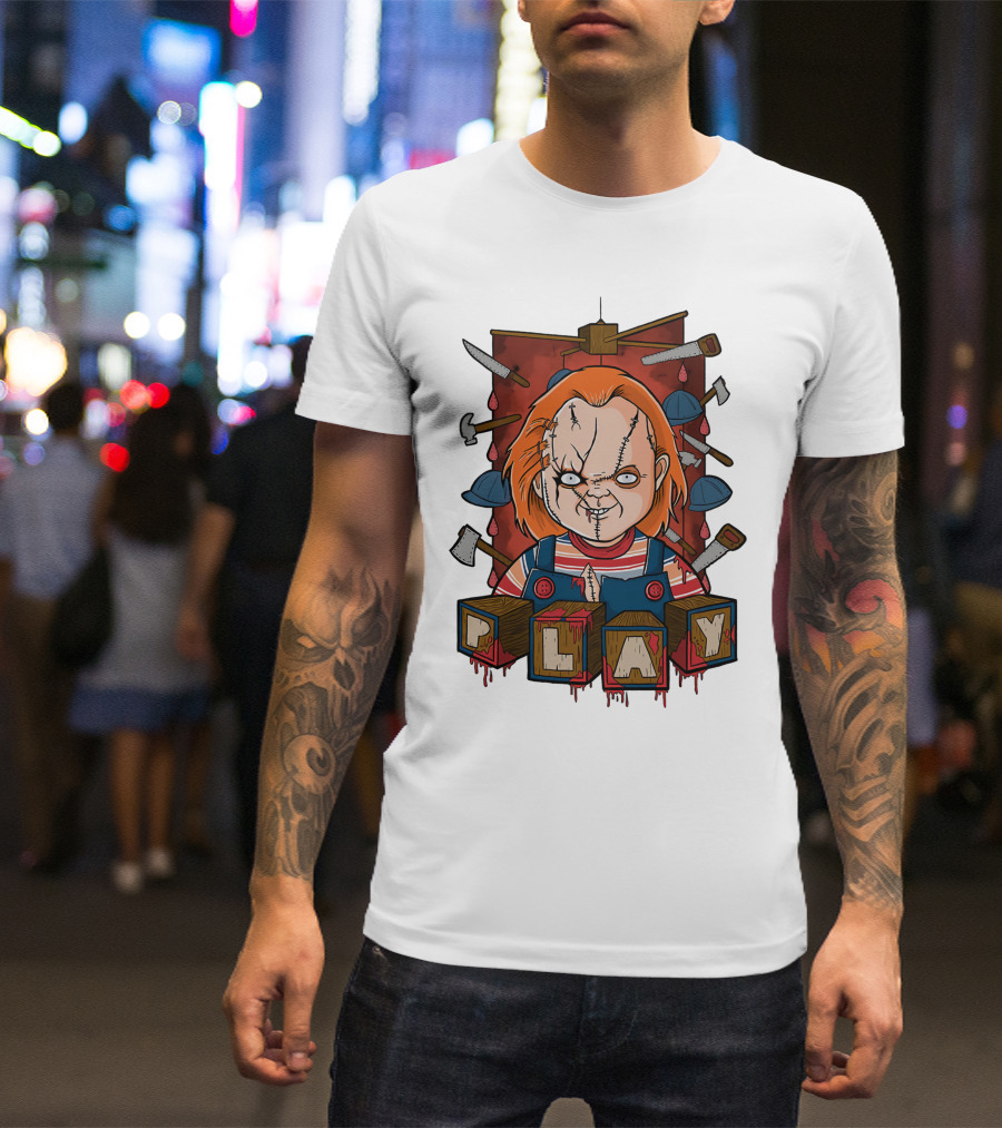 Chucky Blocks With Knives And Axes Background T-Shirt