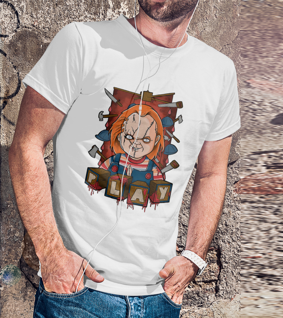 Chucky Blocks With Knives And Axes Background T-Shirt