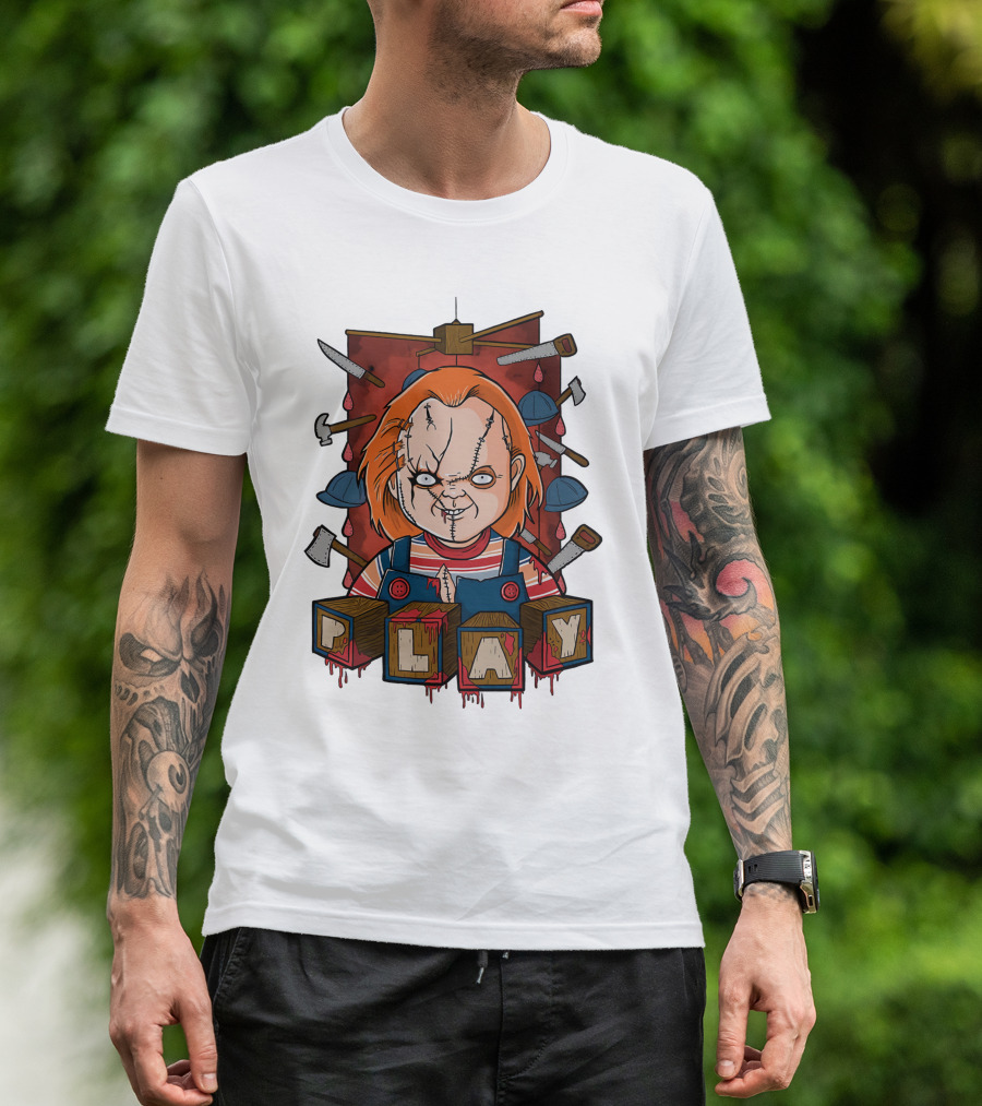Chucky Blocks With Knives And Axes Background T-Shirt