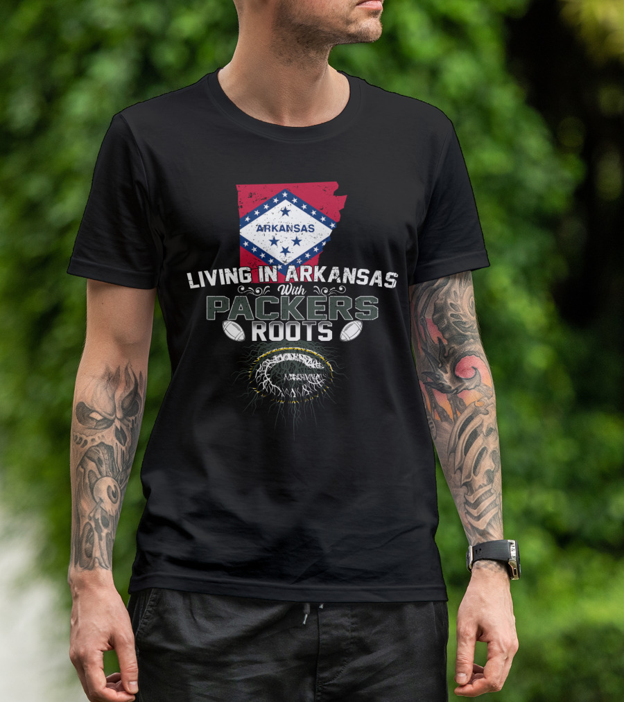 Living In Arkansas Arkansas Flag With Packers Roots Football Graphics T-Shirt