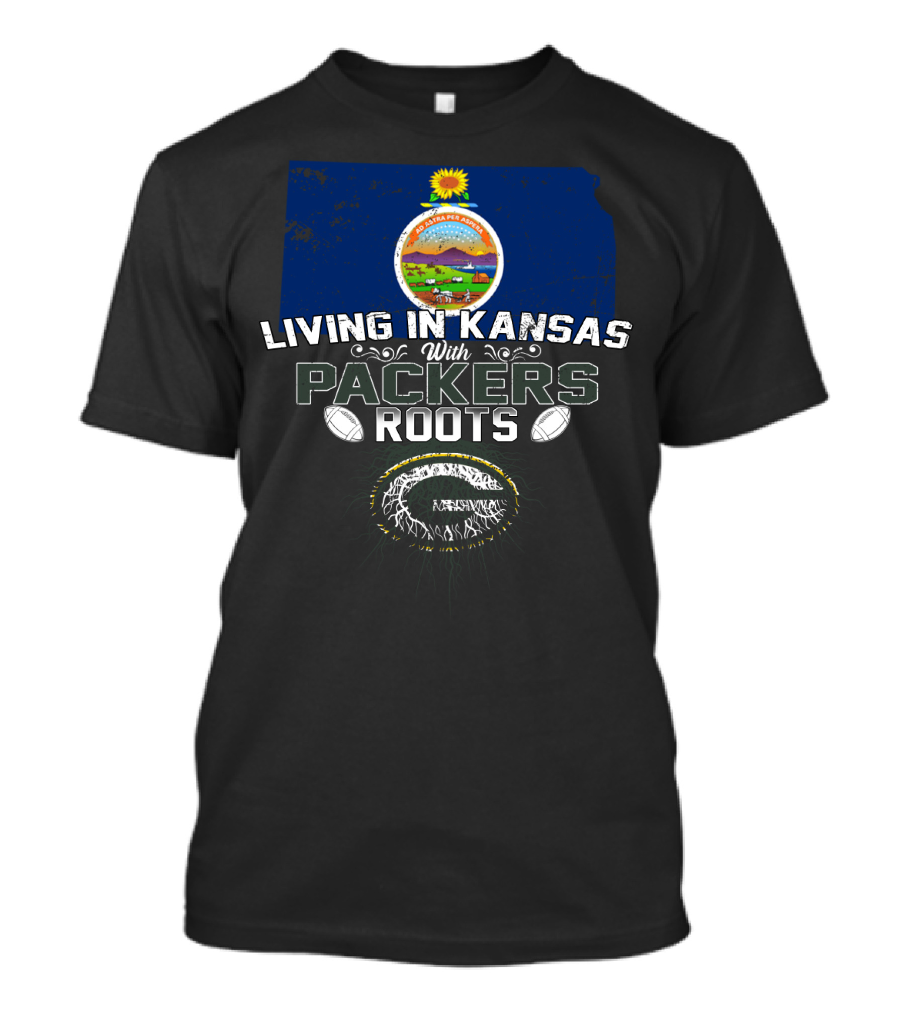 Living In Kansas With Packers Roots Football-Themed Design Featuring State Seal And Football T-Shirt