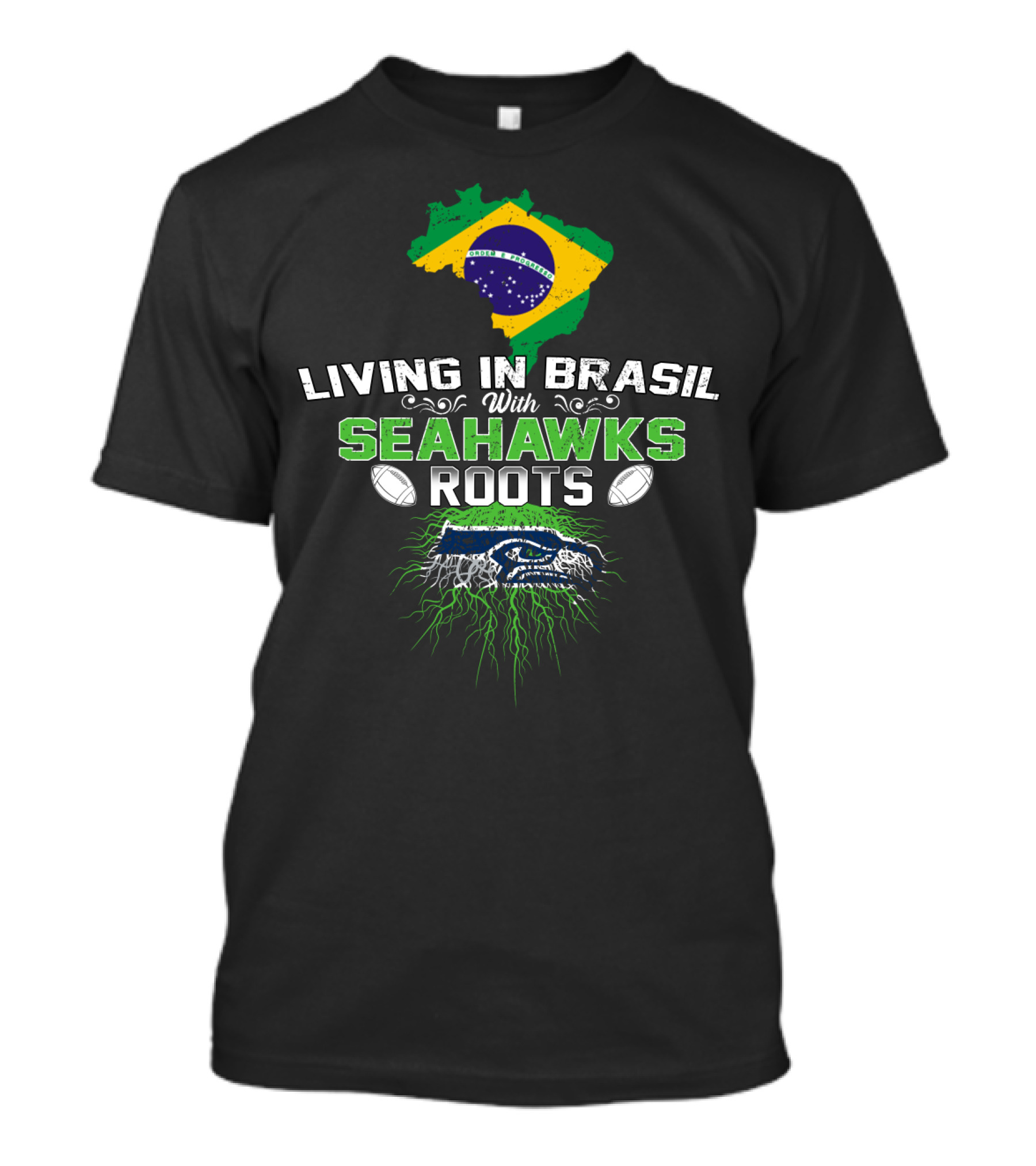 Living In Brasil With Seahawks Roots Flag And Football Iconic Representation T-Shirt