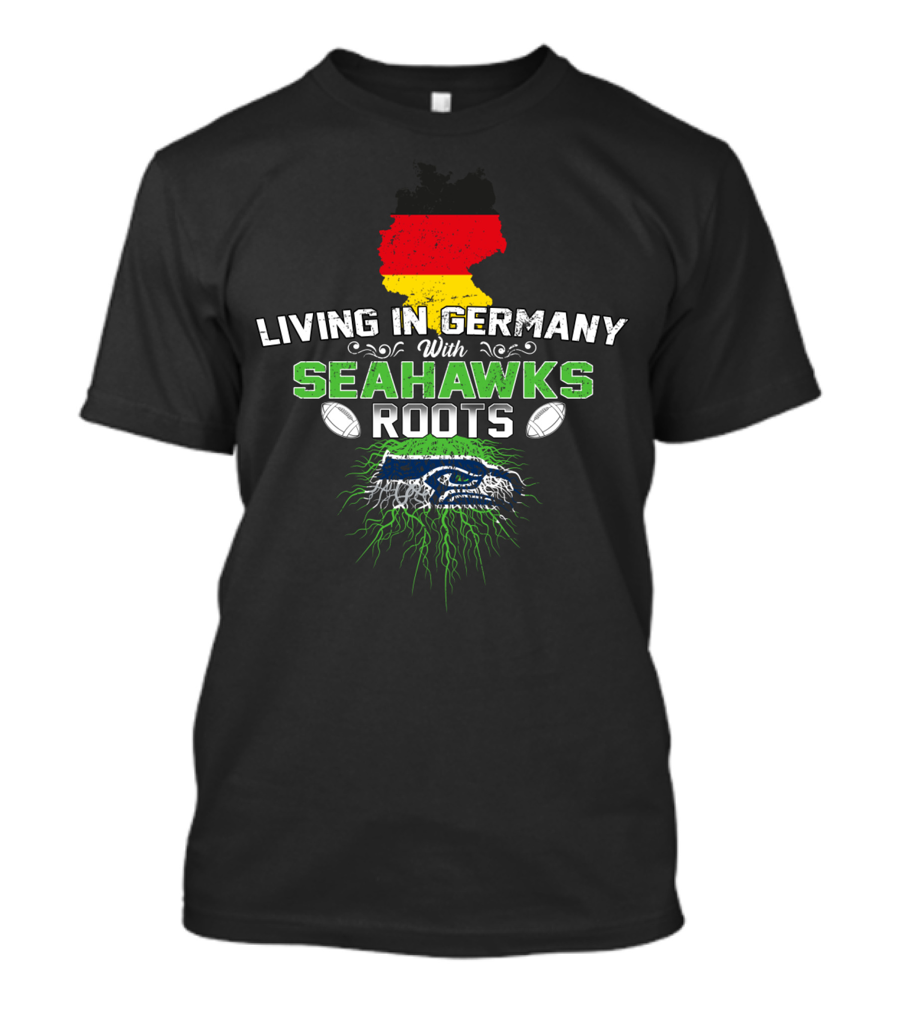 Living In Germany With Seahawks Roots Germany Flag Map And Football Elements T-Shirt